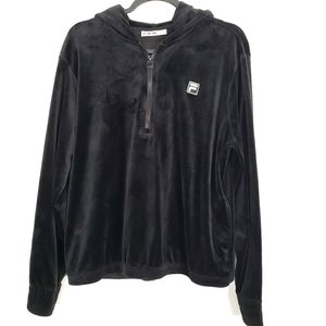 FILA Womens 1/4 Zip Hoodie Black Velour Soft Plush Pullover Size XL